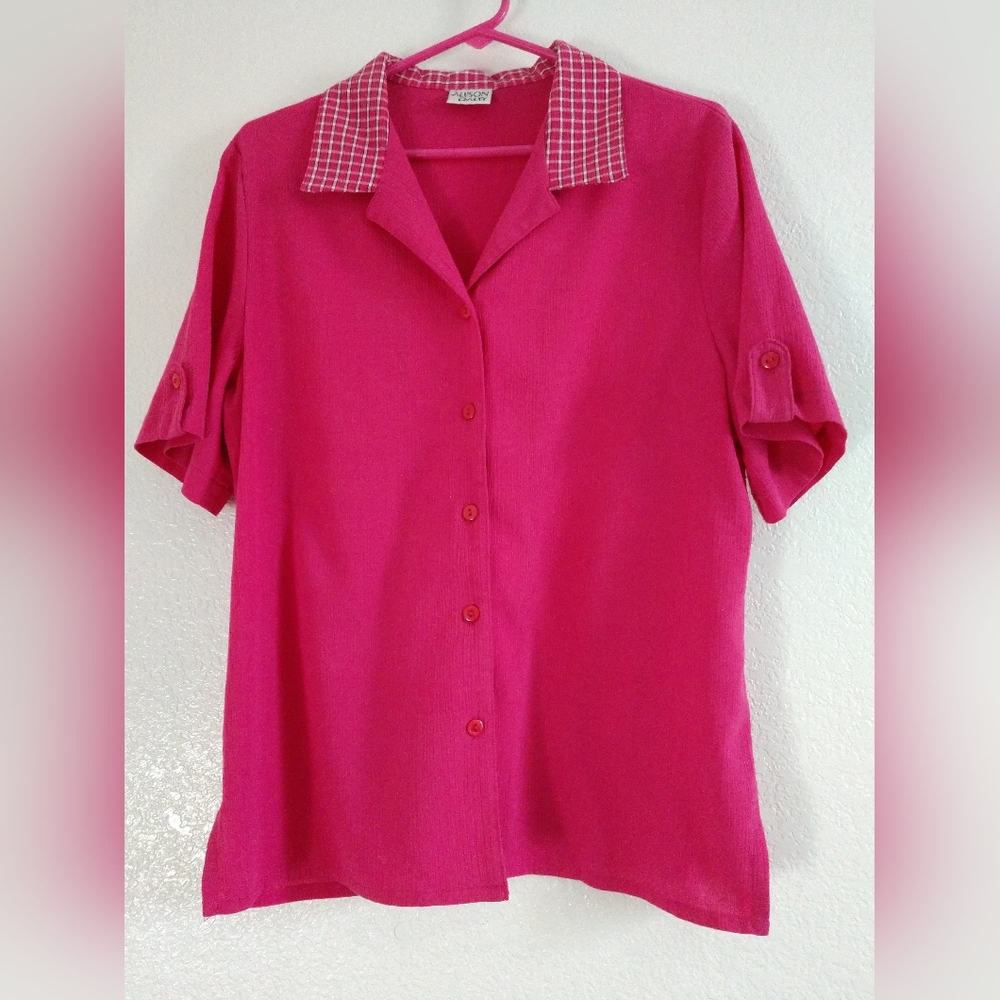 Sweet Vintage Pink Blouse Shirt Short Sleeve Button Front Allison Daley Large